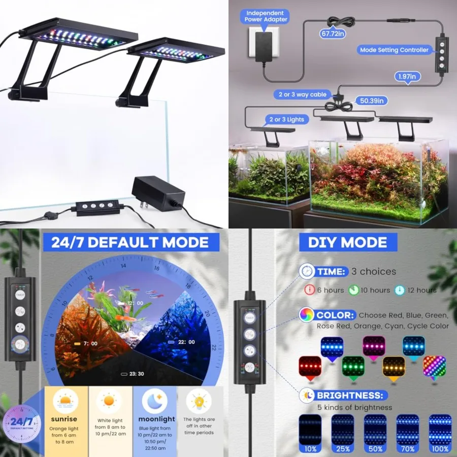 Clip On Aquarium LED Light with Multi-Channel Controller, Fish Tank Light 24/7 Lighting Sunrise-Daylight-Moonlight and DIY Mode
Clip On Aquarium LED Light with Multi-Channel Controller, Fish Tank Light 24/7 Lighting Sunrise-Daylight-Moonlight and DIY Mode