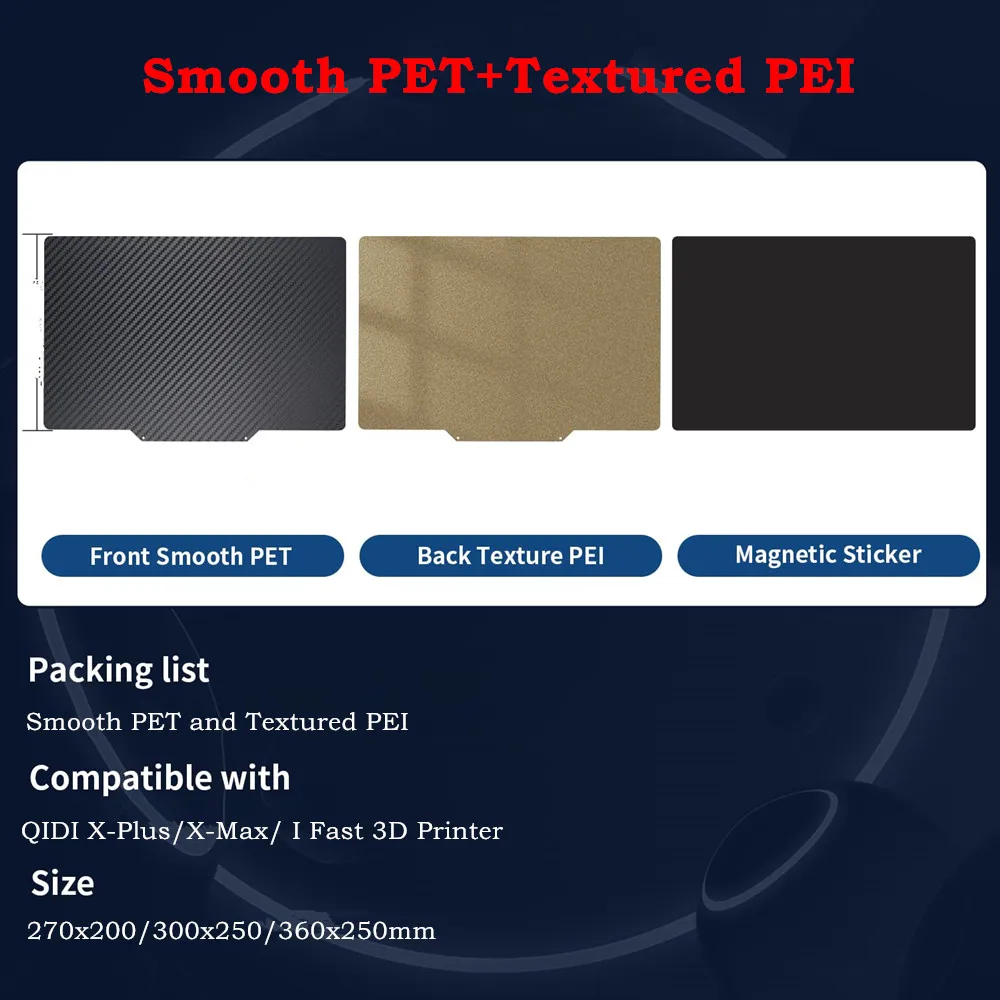 QIDI PEI Build Plate for X-Plus/X-Max/ I Fast 3D Printer Bed Double Sided Smooth PET+Textured PEI Flexible Spring Steel Sheet
