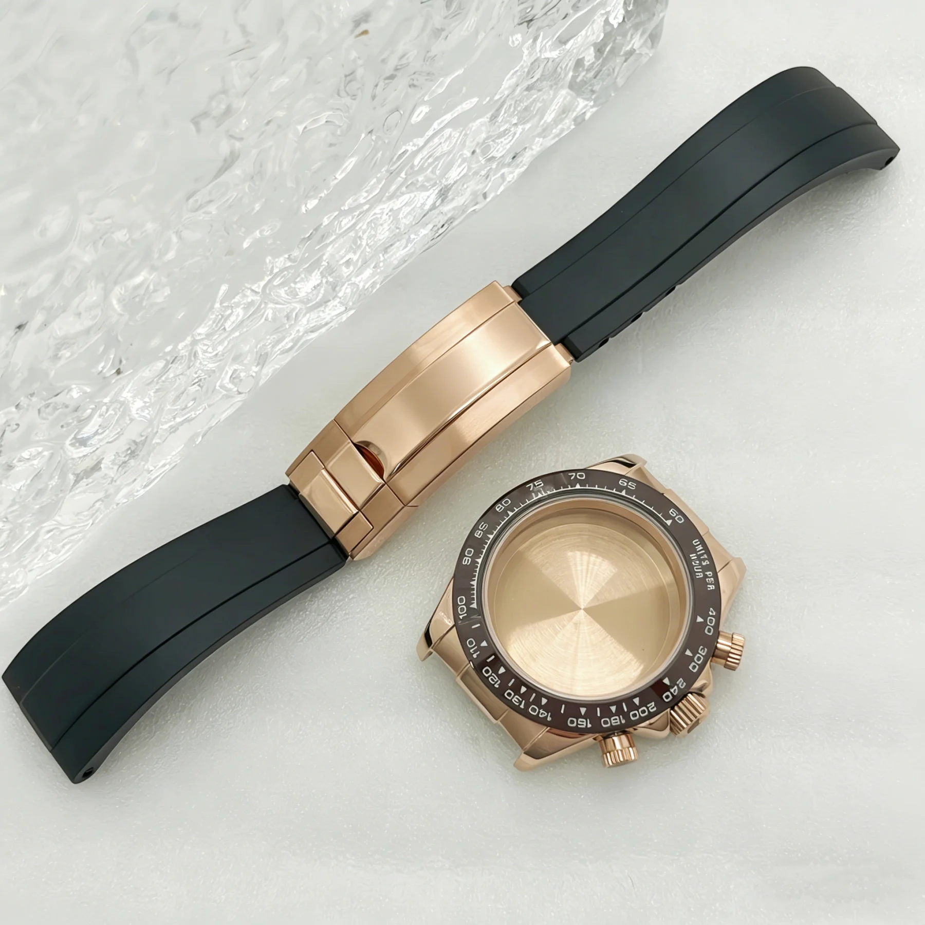 Multifunction Rose Gold 39mm Sapphire Watch Case Rubber Bracelet Adjustable Buckle for Daytona VK63A Movement fits 29.5mm Dial
Multifunction Rose Gold 39mm Sapphire Watch Case Rubber Bracelet Adjustable Buckle for Daytona VK63A Movement fits 29.5mm Dial