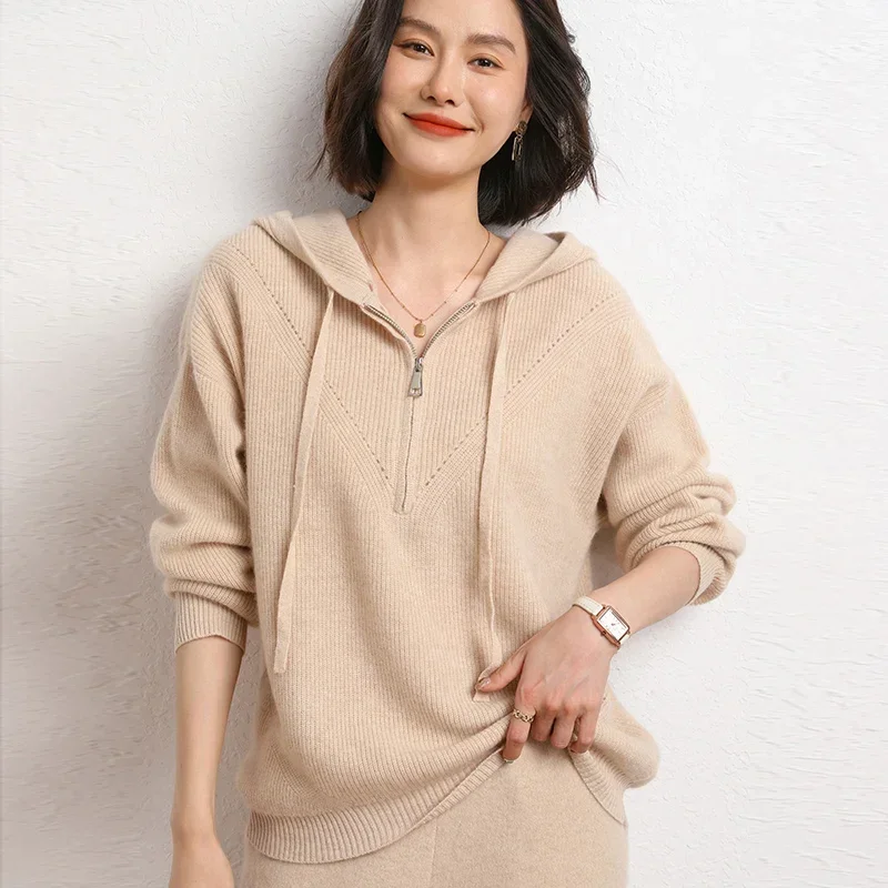 2023 Autumn New Women's 100% Cashmere Sweater Classic Fashion 4 Colors Female Hooded Knitted Pullover Loose Soft Knit Jumper
2023 Autumn New Women's 100% Cashmere Sweater Classic Fashion 4 Colors Female Hooded Knitted Pullover Loose Soft Knit Jumper