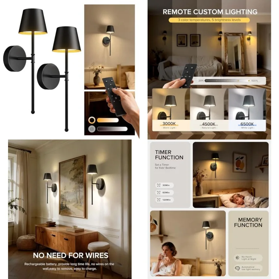 Wireless Sconces Set of 2 with Remote, 5200mAh Battery Powered Sconces - Small Rechargeable Sconces w/ 3 Color Temps and 5 Brig
Wireless Sconces Set of 2 with Remote, 5200mAh Battery Powered Sconces - Small Rechargeable Sconces w/ 3 Color Temps and 5 Brig