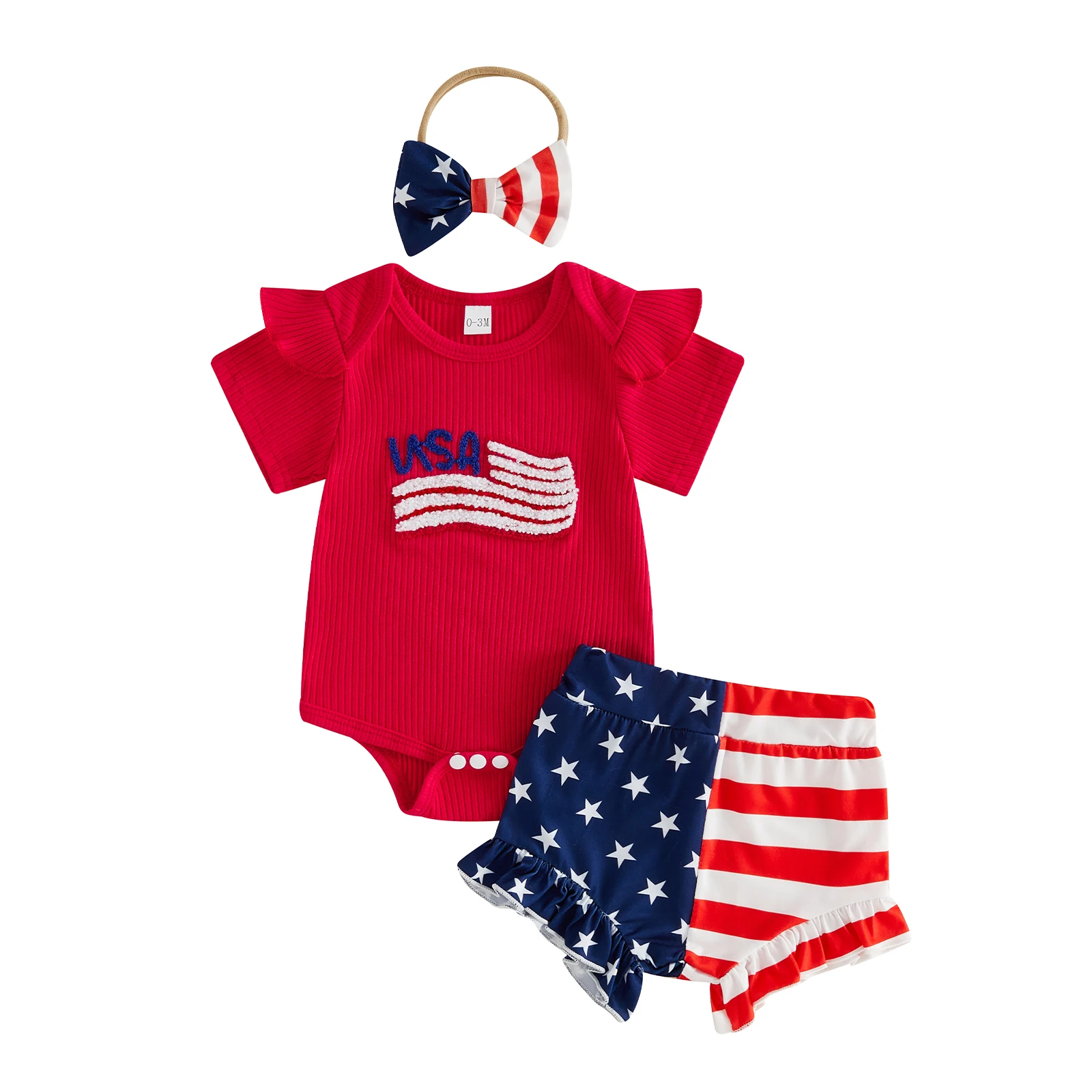 Baby Girl 4th of July Outfit American Flag Short Sleeve Romper Star Print Striped Ruffled Shorts and Bow Headband 3 Pcs Set
Baby Girl 4th of July Outfit American Flag Short Sleeve Romper Star Print Striped Ruffled Shorts and Bow Headband 3 Pcs Set