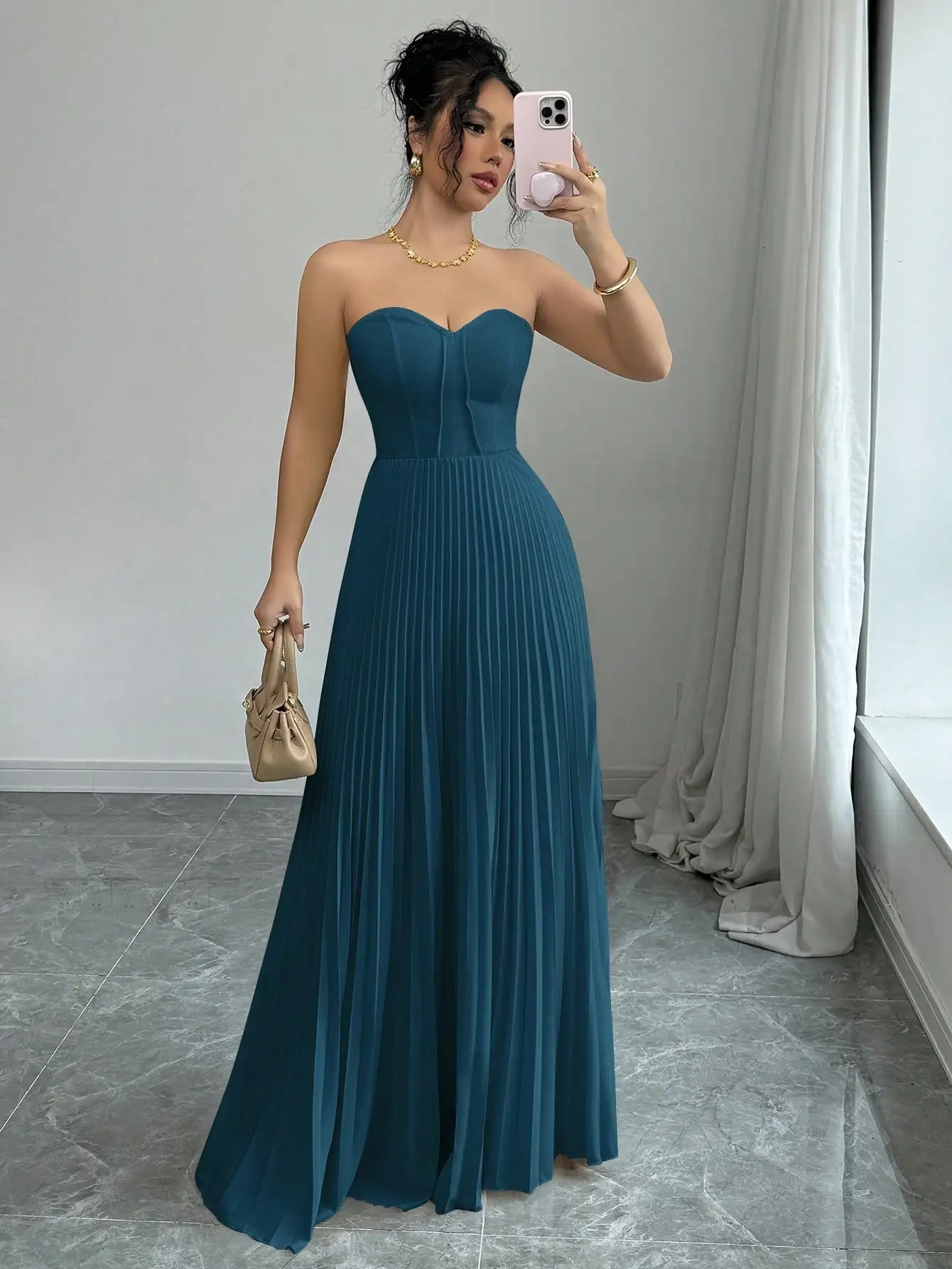 Teal Strapless Corset Bodice Pleated Maxi Dress for Evening
Teal Strapless Corset Bodice Pleated Maxi Dress for Evening