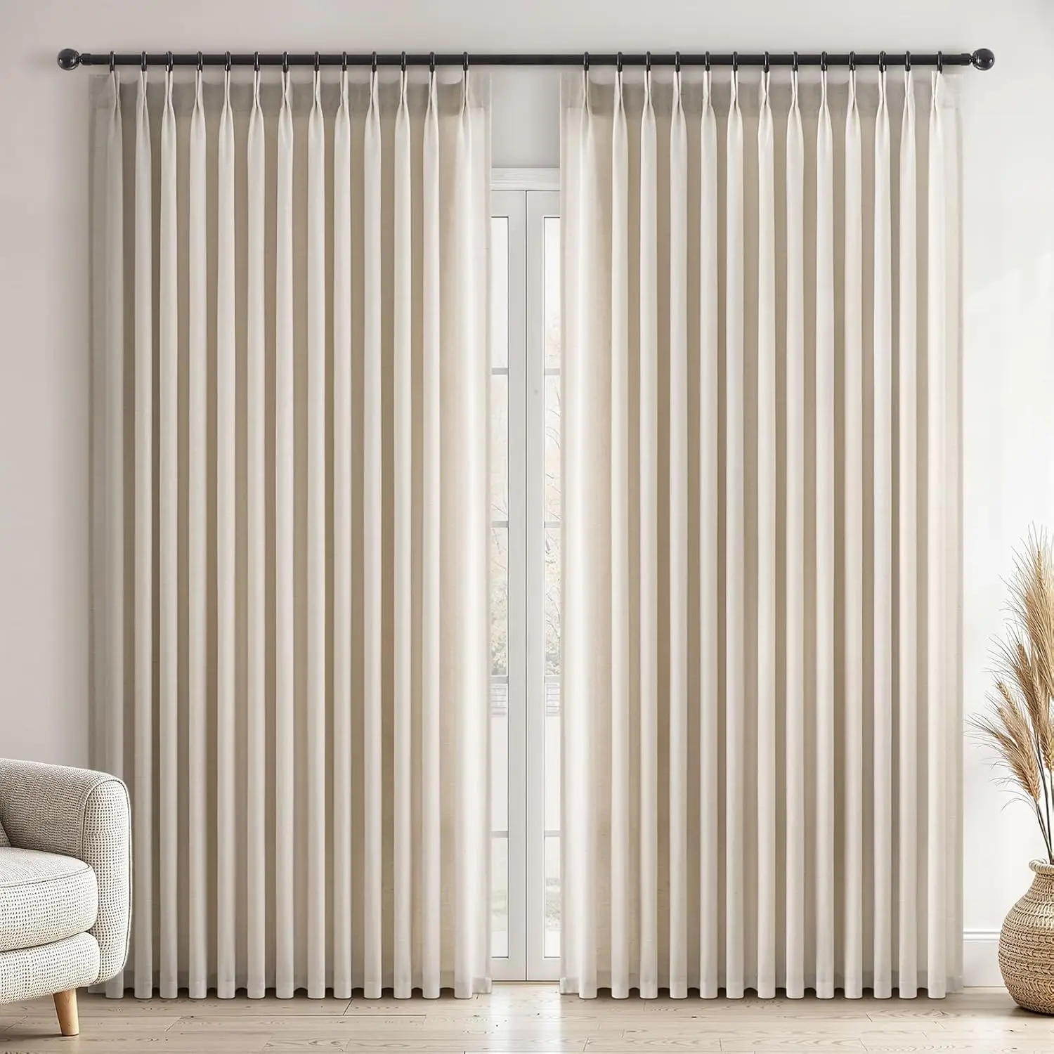 Semi Sheer Pinch Pleated Curtains 96 Long with Hooks, Light Filtering Linen Blend Drapes for Living Room, 2 Panels 72"Wx96"L
Semi Sheer Pinch Pleated Curtains 96 Long with Hooks, Light Filtering Linen Blend Drapes for Living Room, 2 Panels 72"Wx96"L