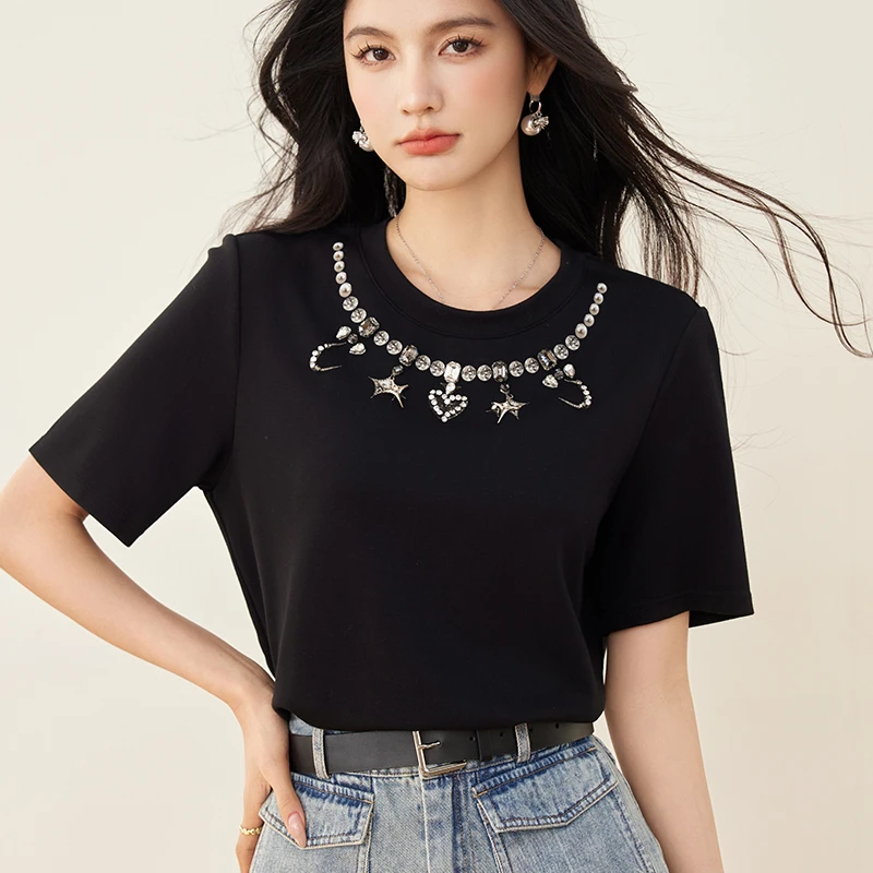 Luxury Diamonds Beading Short Sleeved T-shirts Women 2025 New Summer Simple O-Neck Black White Rhinestones Tees Casual Y2k Top
Luxury Diamonds Beading Short Sleeved T-shirts Women 2025 New Summer Simple O-Neck Black White Rhinestones Tees Casual Y2k Top