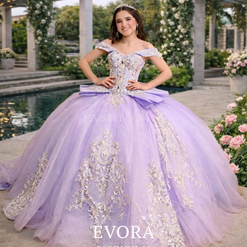 Lavender Shiny Quinceanera Dresses Ball Gown Off The Shoulder Applique Beading Crystal Bow Corset Tull Sweet 16 Dress Vestidos
Lavender Shiny Quinceanera Dresses Ball Gown Off The Shoulder Applique Beading Crystal Bow Corset Tull Sweet 16 Dress Vestidos