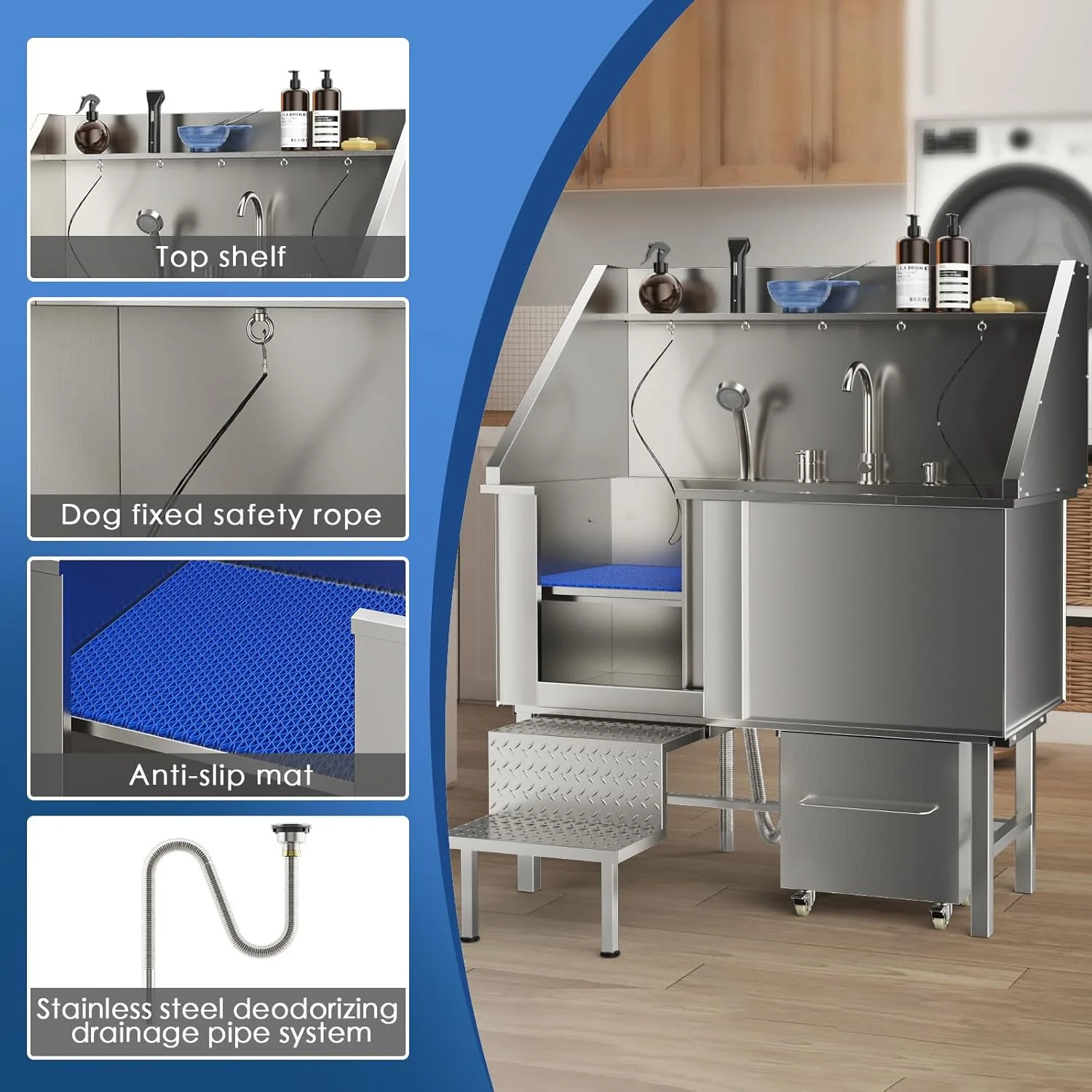Stainless Steel Dog Bathing Tub with Ramp Faucet Shelf Professional Pet Grooming Washing Station for Large Dogs
Stainless Steel Dog Bathing Tub with Ramp Faucet Shelf Professional Pet Grooming Washing Station for Large Dogs