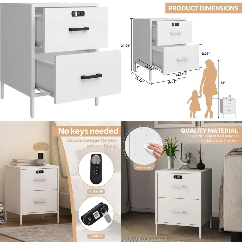 Lockable 2-Drawer Metal Nightstand with Storage for Bedroom, Dorm, White, 21.26H x 15.75W x 15.75D
Lockable 2-Drawer Metal Nightstand with Storage for Bedroom, Dorm, White, 21.26H x 15.75W x 15.75D