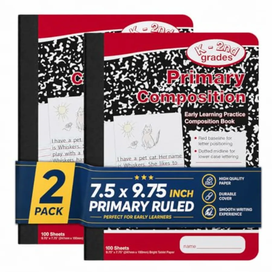 Primary Composition Notebook K-2, Primary Journal, Kindergarten Notebook, 7.5" x 9.75", 100/Sheets, Red/Black Marble, 2 Pack
Primary Composition Notebook K-2, Primary Journal, Kindergarten Notebook, 7.5" x 9.75", 100/Sheets, Red/Black Marble, 2 Pack