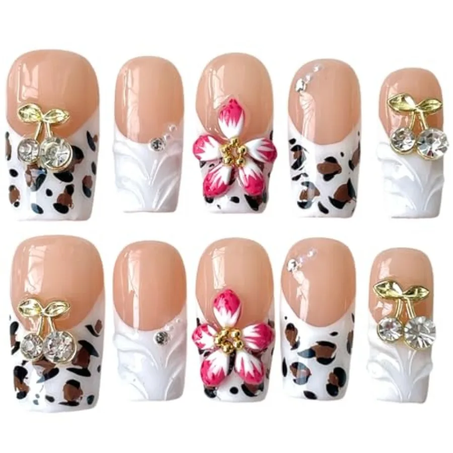 Handmade Press On Nails, 3D Velvet Floral Short/Medium Length Square White French Tips, Leopard Cherry Design, Reusable Acrylic
Handmade Press On Nails, 3D Velvet Floral Short/Medium Length Square White French Tips, Leopard Cherry Design, Reusable Acrylic
