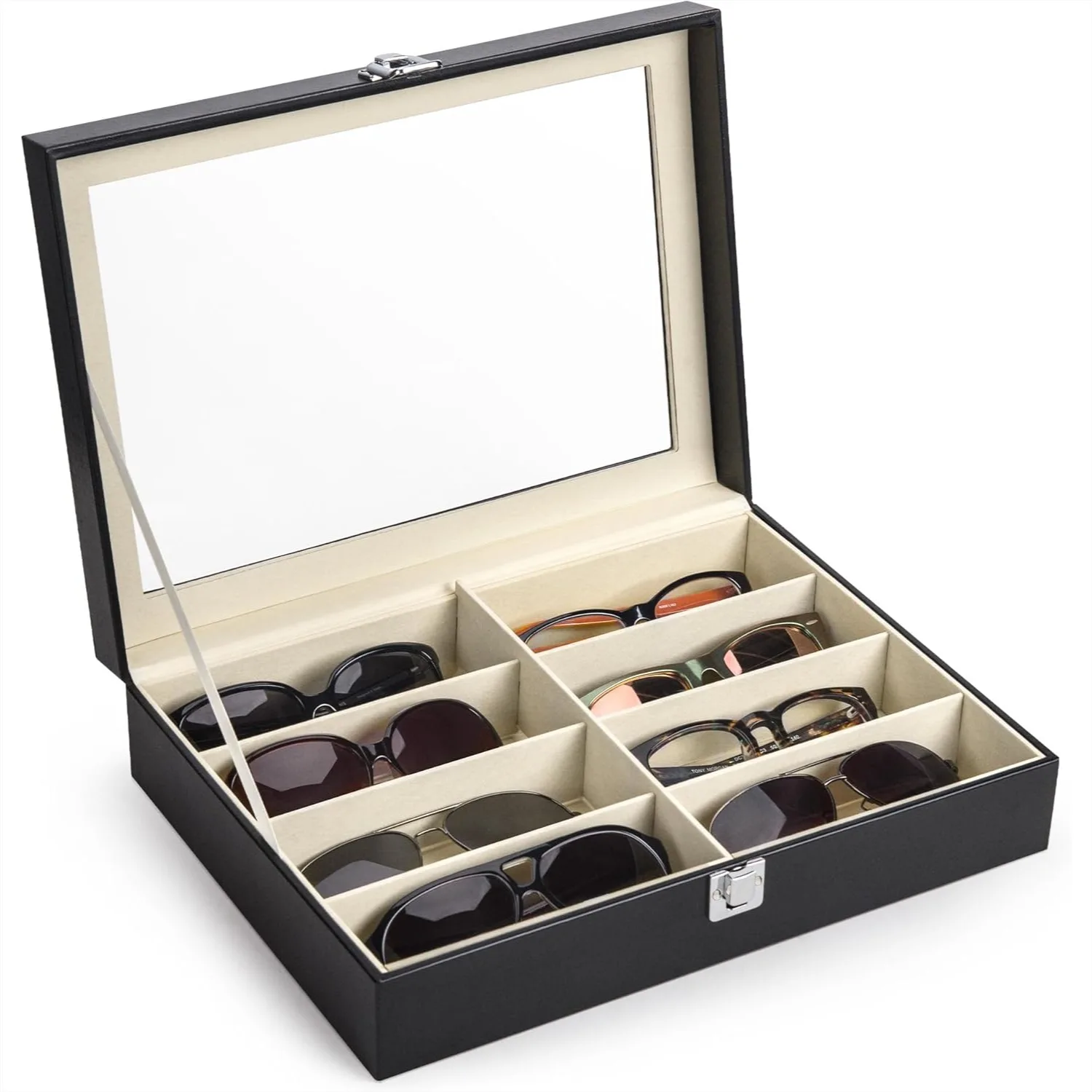 Leather Sunglasses Organizer with 8 Slots, Eyeglasses Display Case for Men Women, Transparent Acrylic Top
Leather Sunglasses Organizer with 8 Slots, Eyeglasses Display Case for Men Women, Transparent Acrylic Top