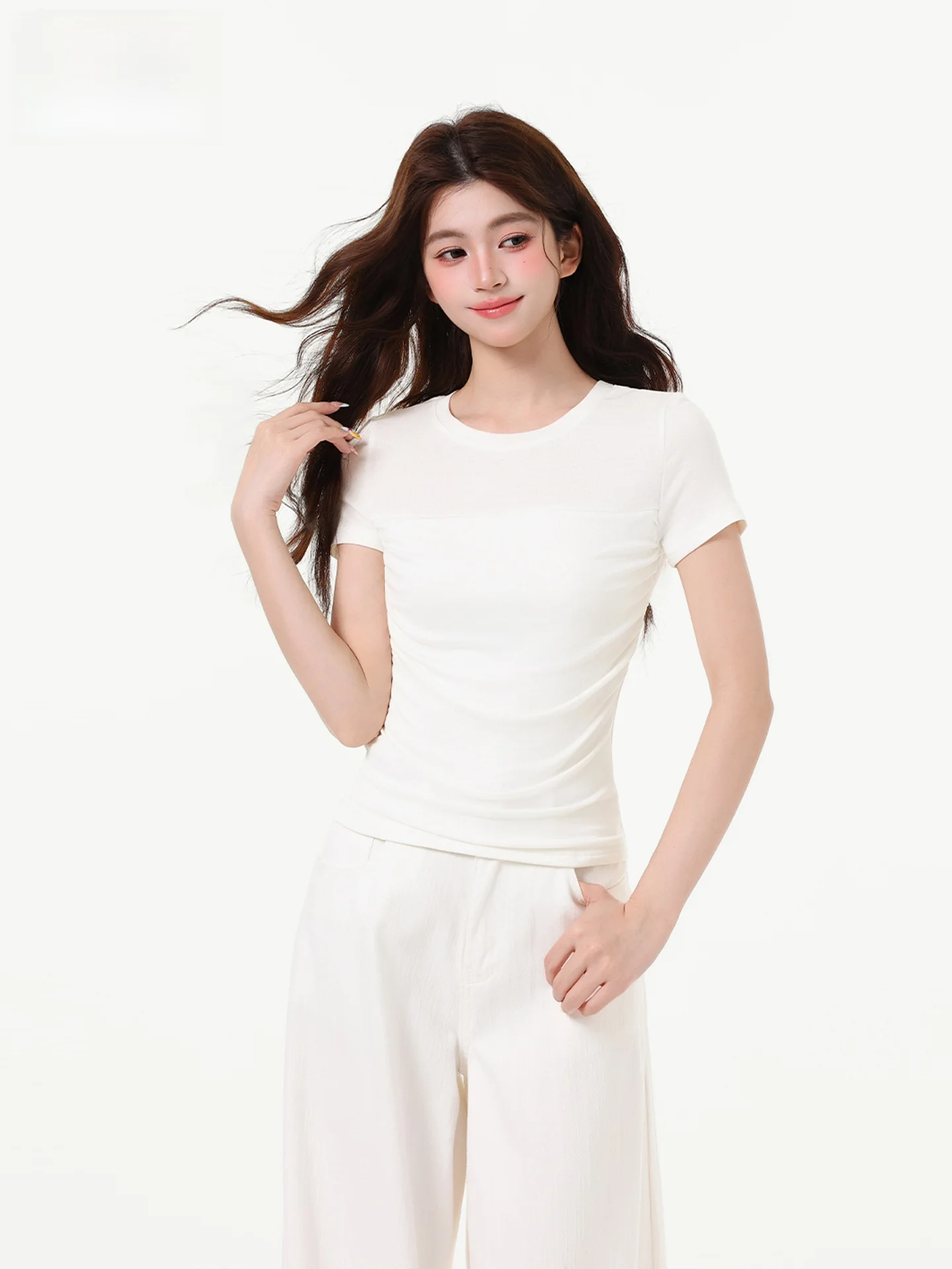 Slim Fit round Neck Short Sleeve T-Shirt Women's Side Waist Pleat Design Summer Casual Knitted Top Elegant Slimming Style
Slim Fit round Neck Short Sleeve T-Shirt Women's Side Waist Pleat Design Summer Casual Knitted Top Elegant Slimming Style