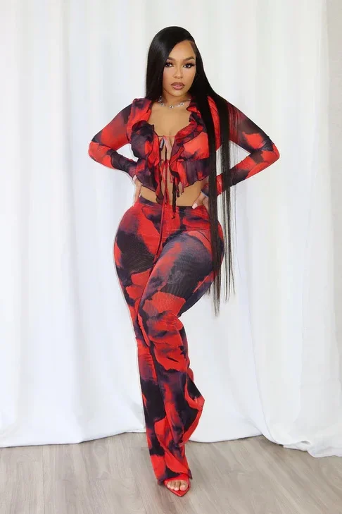 Women Set print Long Sleeve Ruffles Tie Up Shirt + Flare Pants 2025 Spring Street Sexy Two 2Piece Sets Outfits Tracksuit
Women Set print Long Sleeve Ruffles Tie Up Shirt + Flare Pants 2025 Spring Street Sexy Two 2Piece Sets Outfits Tracksuit