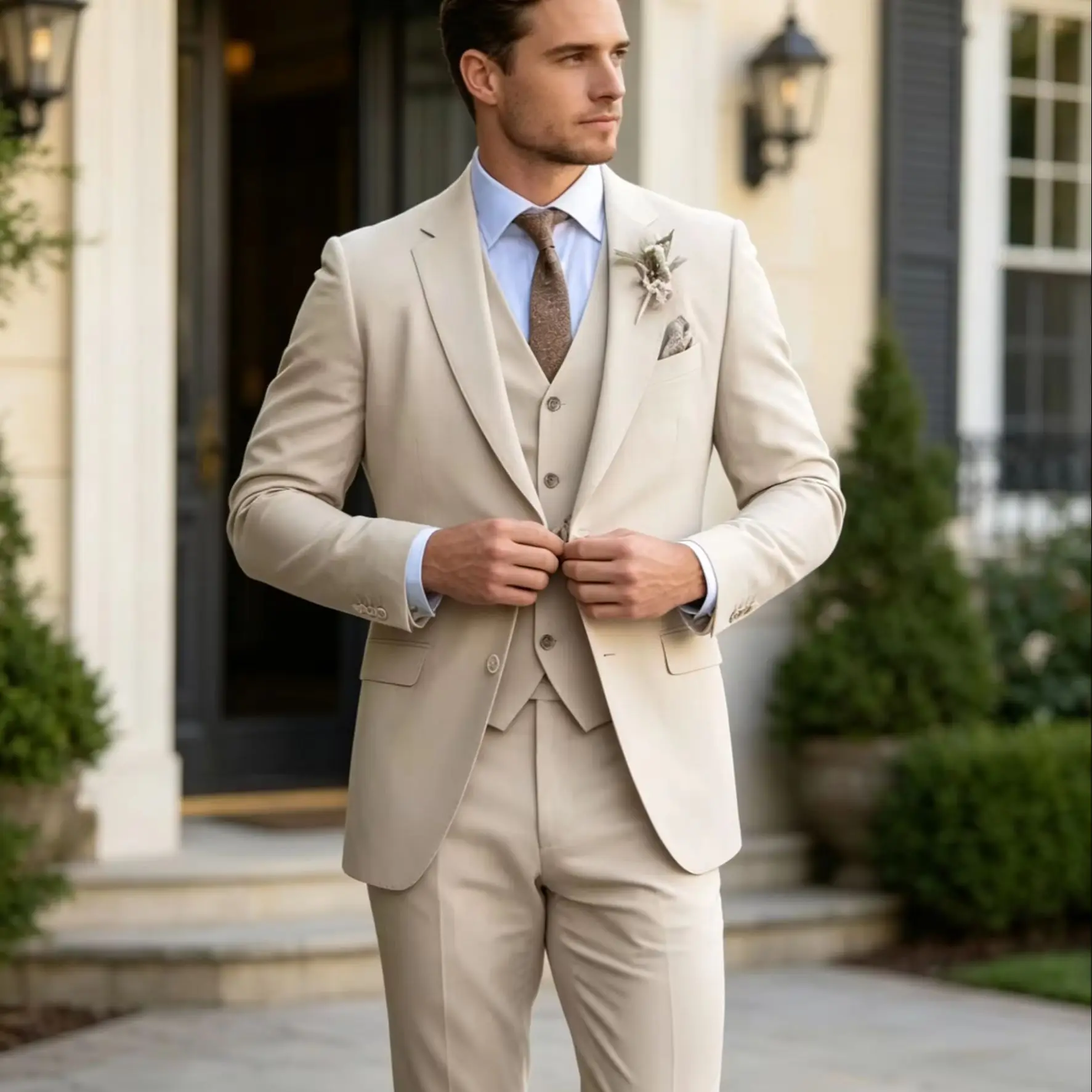 Slim Fit Khaki 3 Piece Suit Set for Men Formal Business Elegant Wedding Groomsmen Office Outfit with Stage Party Costume Outfit
Slim Fit Khaki 3 Piece Suit Set for Men Formal Business Elegant Wedding Groomsmen Office Outfit with Stage Party Costume Outfit
