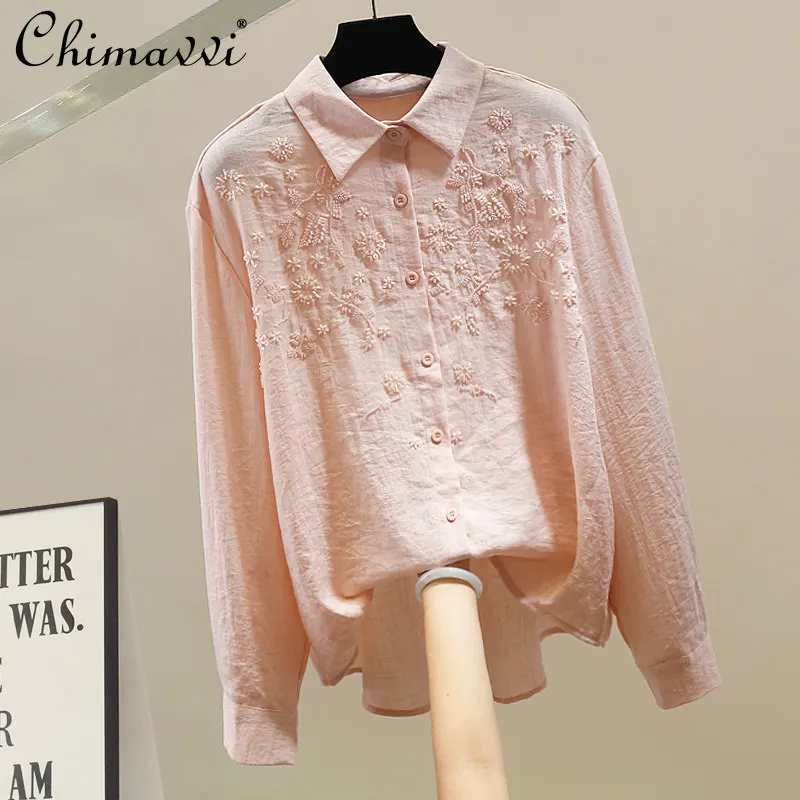 Cotton and Linen Heavy Beaded Embroiderlong Sleeves Shirt Women's Spring New Fashion Silm Lapel Single Breasted Elegant Tops
Cotton and Linen Heavy Beaded Embroiderlong Sleeves Shirt Women's Spring New Fashion Silm Lapel Single Breasted Elegant Tops