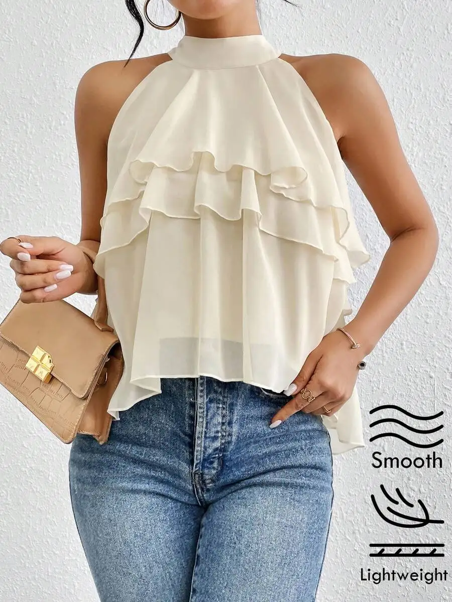 Summer Halter Neck Chiffon Blouse, Ruffled Cake Design, Tropical Beach Resort Holiday Wear
Summer Halter Neck Chiffon Blouse, Ruffled Cake Design, Tropical Beach Resort Holiday Wear