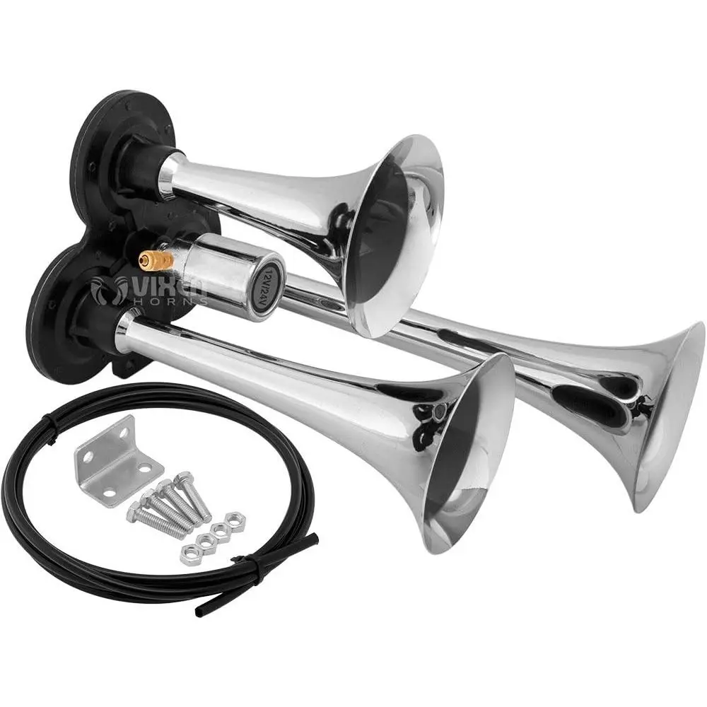 Horn for Truck/Car. 3 Air Horn Chrome Plated Trumpets. Super Loud dB. Fits 12v/24v Vehicles like Semi/Pickup/Jeep/RV/SUV VXH3311
Horn for Truck/Car. 3 Air Horn Chrome Plated Trumpets. Super Loud dB. Fits 12v/24v Vehicles like Semi/Pickup/Jeep/RV/SUV VXH3311