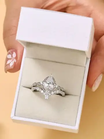 Newshe Moissanite Wedding Rings for Women 925 Sterling Silver Engagement Ring Bridal Set Pear Teardrop Shaped Wish Band