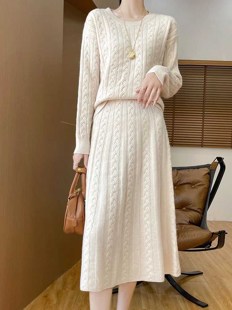 Women Twist Flower O-Neck Pullover Skirt Suit Autumn Winter Cashmere Sweater 100% Merino Wool Knitwear Female Grace Soft Suit
Women Twist Flower O-Neck Pullover Skirt Suit Autumn Winter Cashmere Sweater 100% Merino Wool Knitwear Female Grace Soft Suit