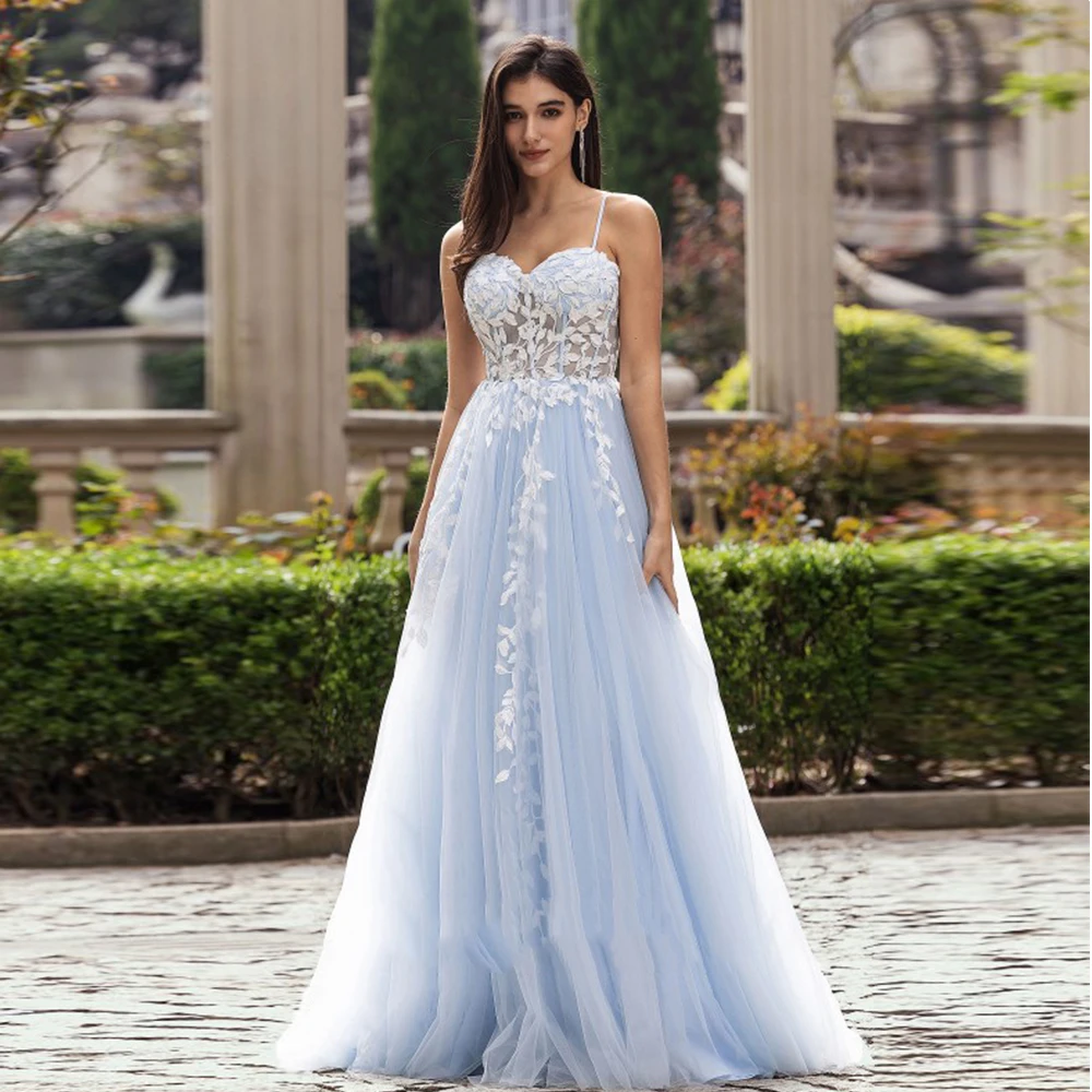 Blue Evening Dresses for Women 2025 Customized Spaghetti Straps Prom Gowns with Applique New Soft Tulle Robe De Soirée Summer
Blue Evening Dresses for Women 2025 Customized Spaghetti Straps Prom Gowns with Applique New Soft Tulle Robe De Soirée Summer