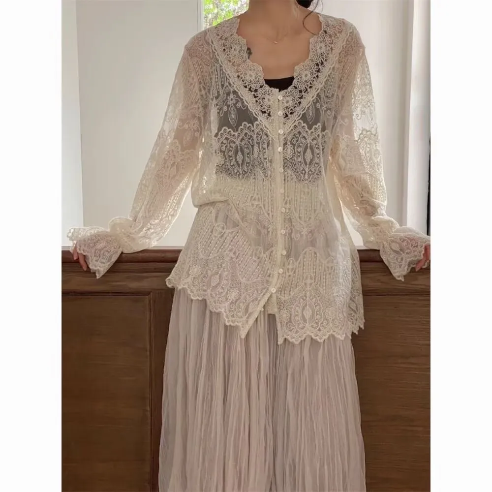 Womens Lace Shirt V-neck Long Sleeved Embroidery Top
Womens Lace Shirt V-neck Long Sleeved Embroidery Top