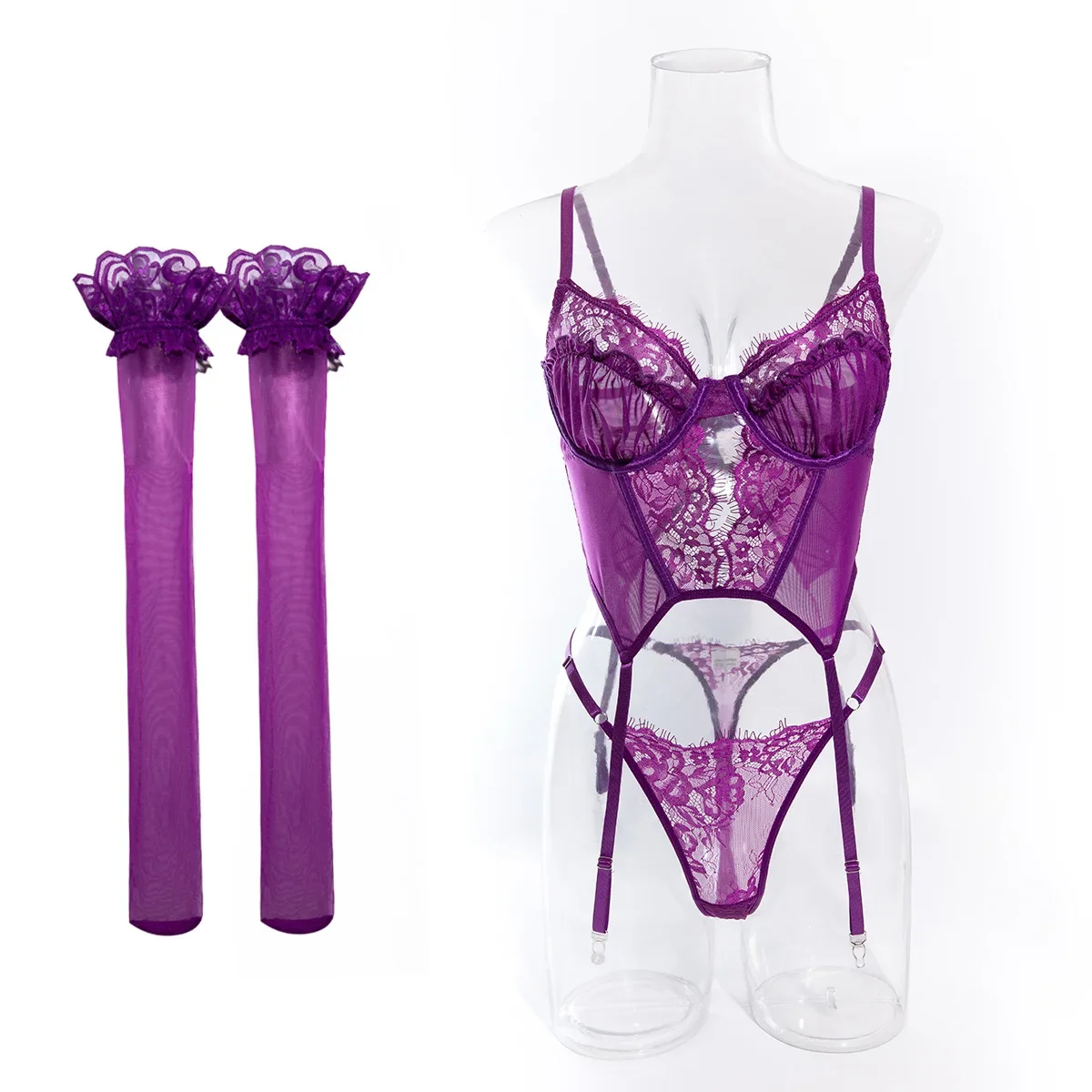Sexy Purple Lace Exotic Apparel Suit with Fishbone Women's Suspender Vest Bra Top Thin Mesh Patchwork Lingerie Set with Stocking
Sexy Purple Lace Exotic Apparel Suit with Fishbone Women's Suspender Vest Bra Top Thin Mesh Patchwork Lingerie Set with Stocking