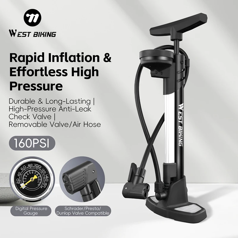 WEST BIKING 160PSI High Pressure Digital Air Pump with Detachable Hose Multi Valve Floor Pump MTB Road Bike Cycling Accessories
WEST BIKING 160PSI High Pressure Digital Air Pump with Detachable Hose Multi Valve Floor Pump MTB Road Bike Cycling Accessories