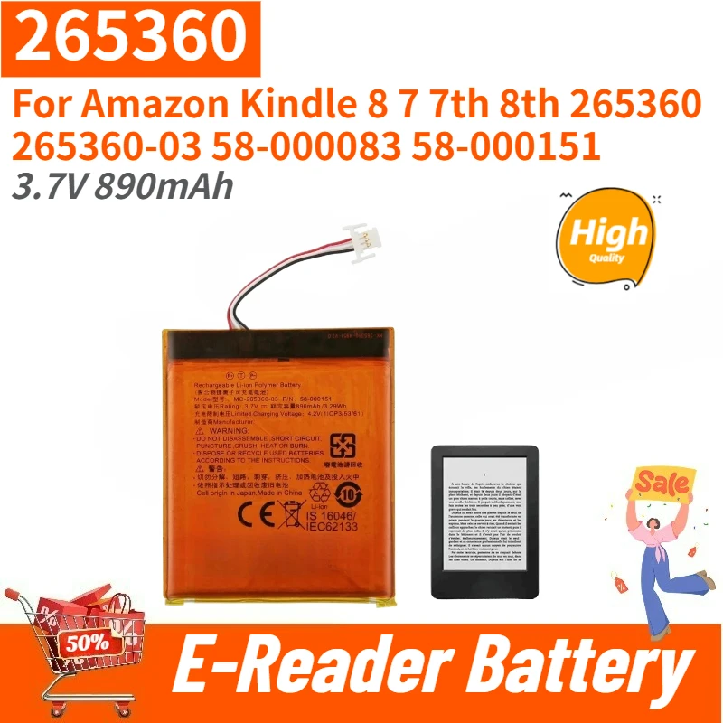 High Quality E-Reader Battery 3.7V 890mAh For Amazon Kindle 7th 8th 58-000083 265360 265360-03 58-000151 New Replacement Battery
High Quality E-Reader Battery 3.7V 890mAh For Amazon Kindle 7th 8th 58-000083 265360 265360-03 58-000151 New Replacement Battery