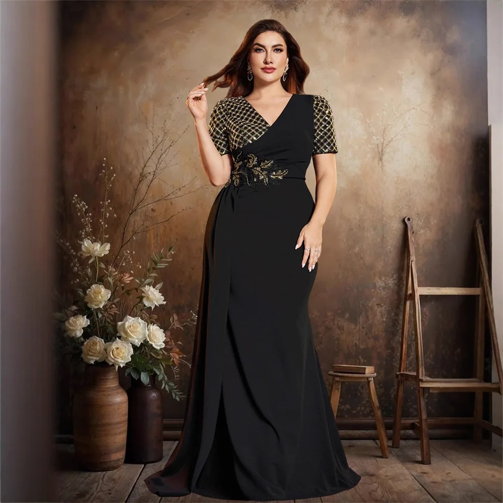 V Neck Gold Check Sequin Sleeve Mermaid Gown Plus Size Black Crepe Skirt Floral Embroidery Waist Draped Side Gala Dress
V Neck Gold Check Sequin Sleeve Mermaid Gown Plus Size Black Crepe Skirt Floral Embroidery Waist Draped Side Gala Dress