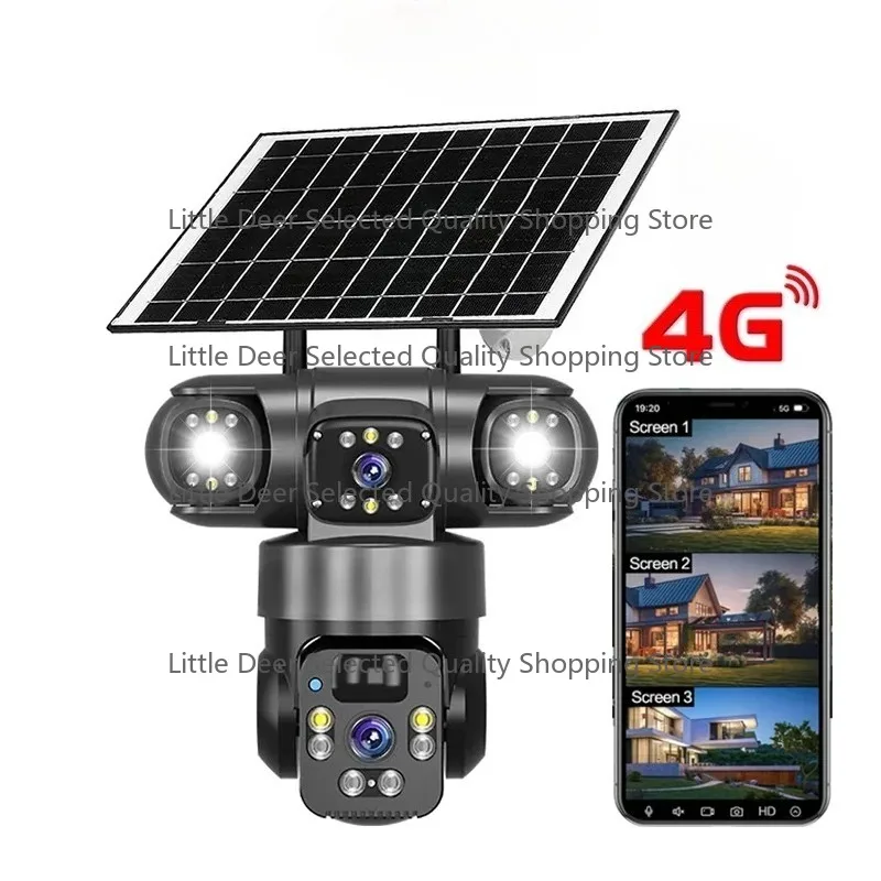Three Screens Outdoor Solar Panel Camera 360 Degree Rotating Motion Detection 4G Sim Card Cctv Camera