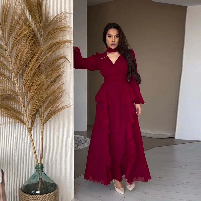Red V Neck Evening Gowns Dubai Saudi Arabic Ruffled Prom Gowns Long Sleeve Waist Cinched Red Robes de Soriee Party Wear
Red V Neck Evening Gowns Dubai Saudi Arabic Ruffled Prom Gowns Long Sleeve Waist Cinched Red Robes de Soriee Party Wear