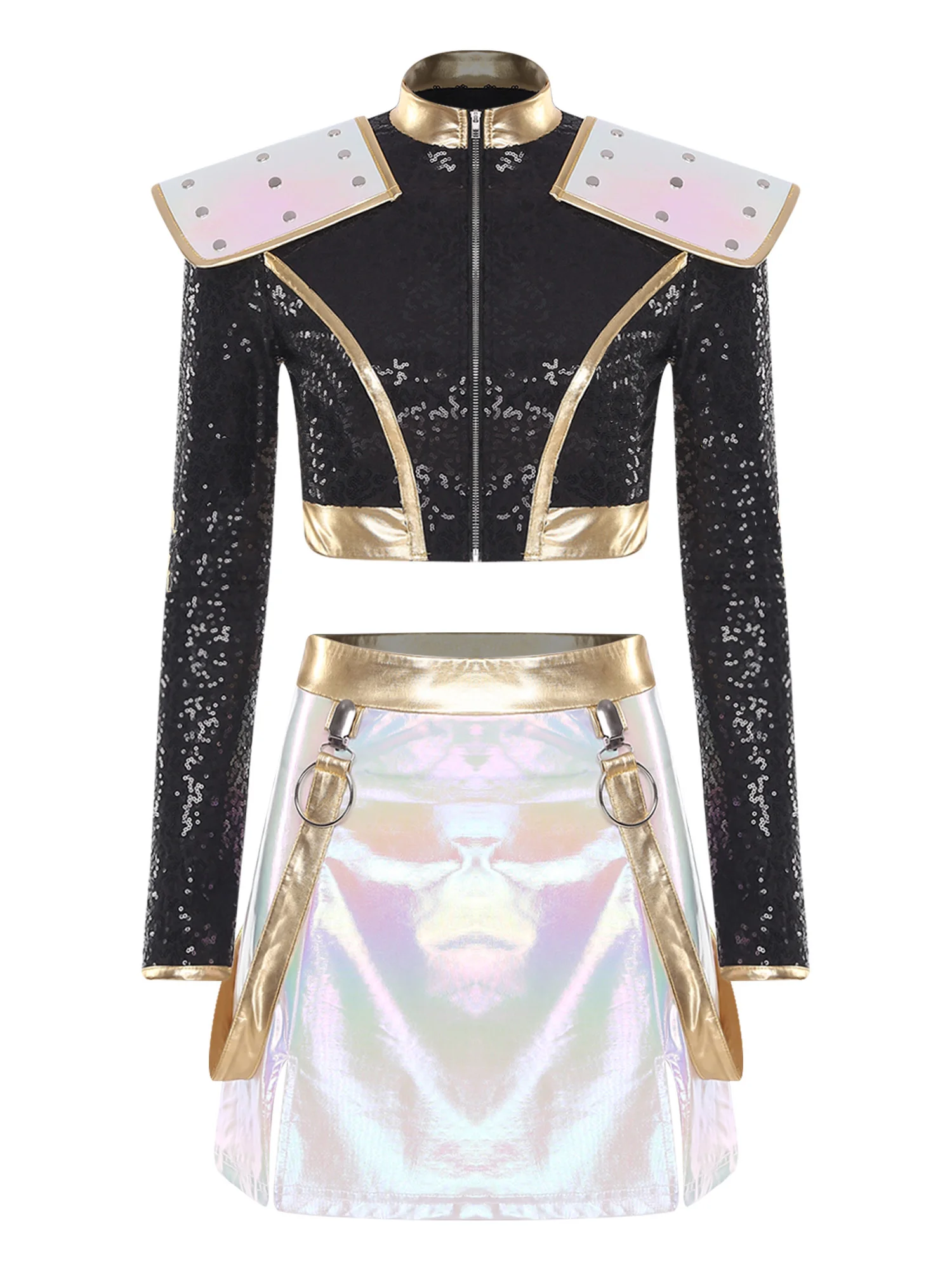 Women Halloween Knights Cosplay Outfit Long Sleeve Rivet Shoulder Boards Crop Jacket Top And Shiny Mini Skirt for Raves Party
Women Halloween Knights Cosplay Outfit Long Sleeve Rivet Shoulder Boards Crop Jacket Top And Shiny Mini Skirt for Raves Party