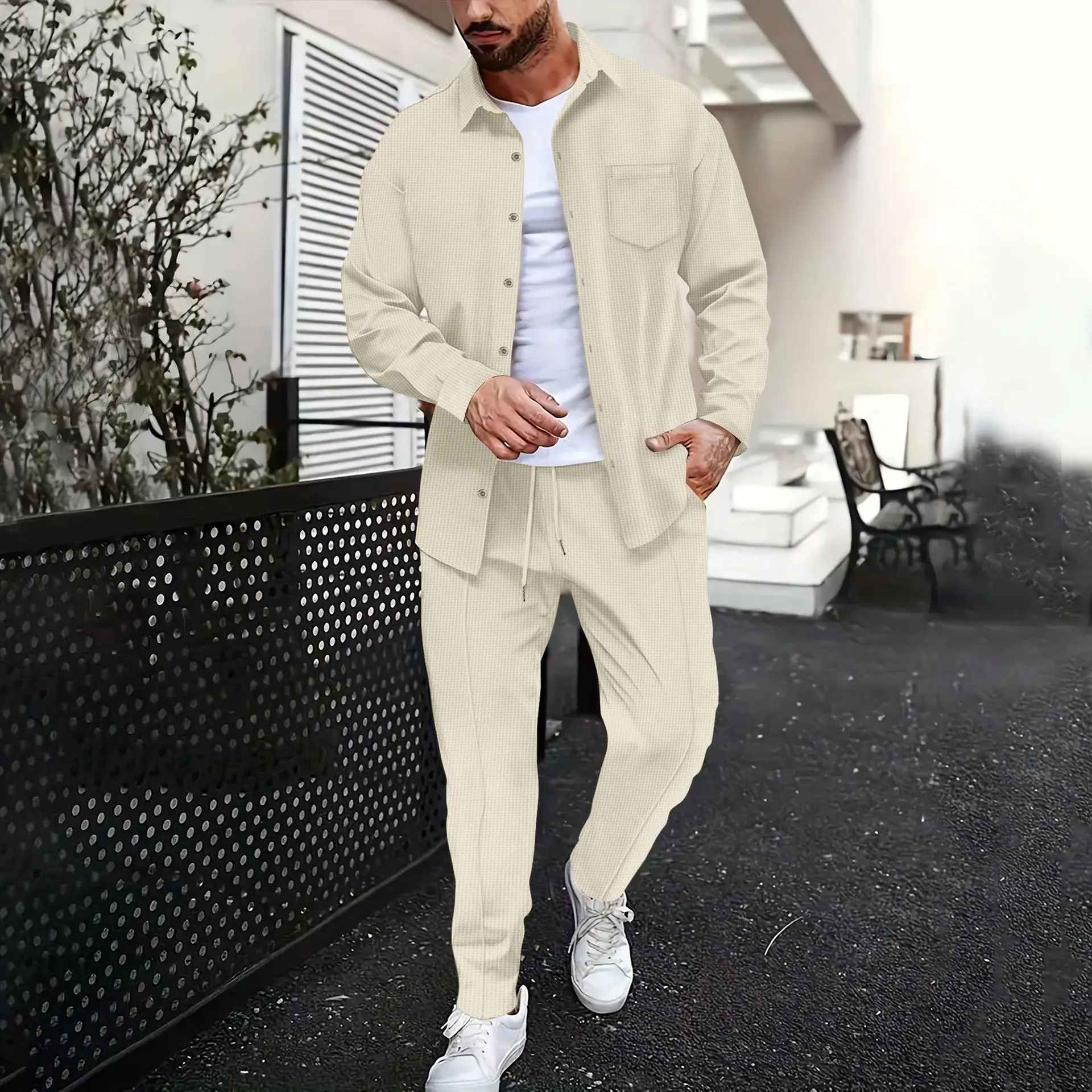 Spring and Autumn men waffle solid color two-piece new trend lapel long-sleeved shirt and trousers casual outdoor sports suit
Spring and Autumn men waffle solid color two-piece new trend lapel long-sleeved shirt and trousers casual outdoor sports suit