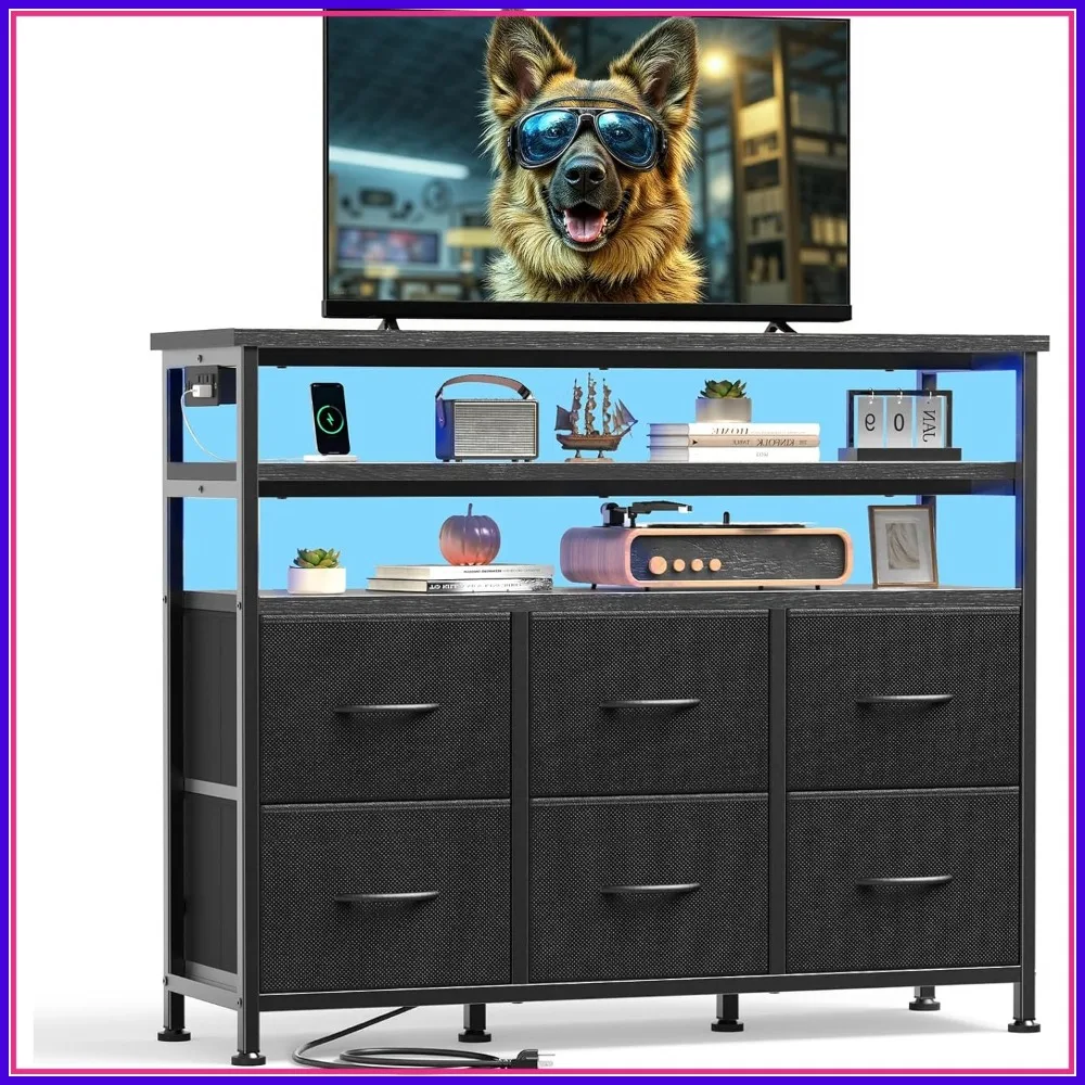 TV Stand for Up to 45 inch TV, Wood Top Media Console with 6 Fabric Drawers, 2 Shelves, LED Lights & Charging Station, Black
TV Stand for Up to 45 inch TV, Wood Top Media Console with 6 Fabric Drawers, 2 Shelves, LED Lights & Charging Station, Black