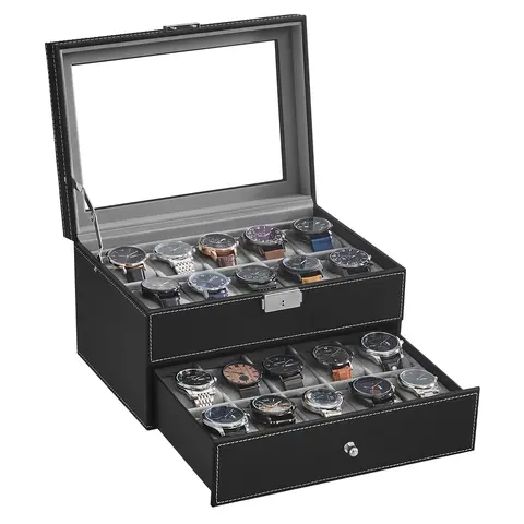 SONGMICSHOME Watch Box Black Synthetic Leather 20-Slot Watch Case with Glass Lid 2 Layers Lockable Watch Display Case