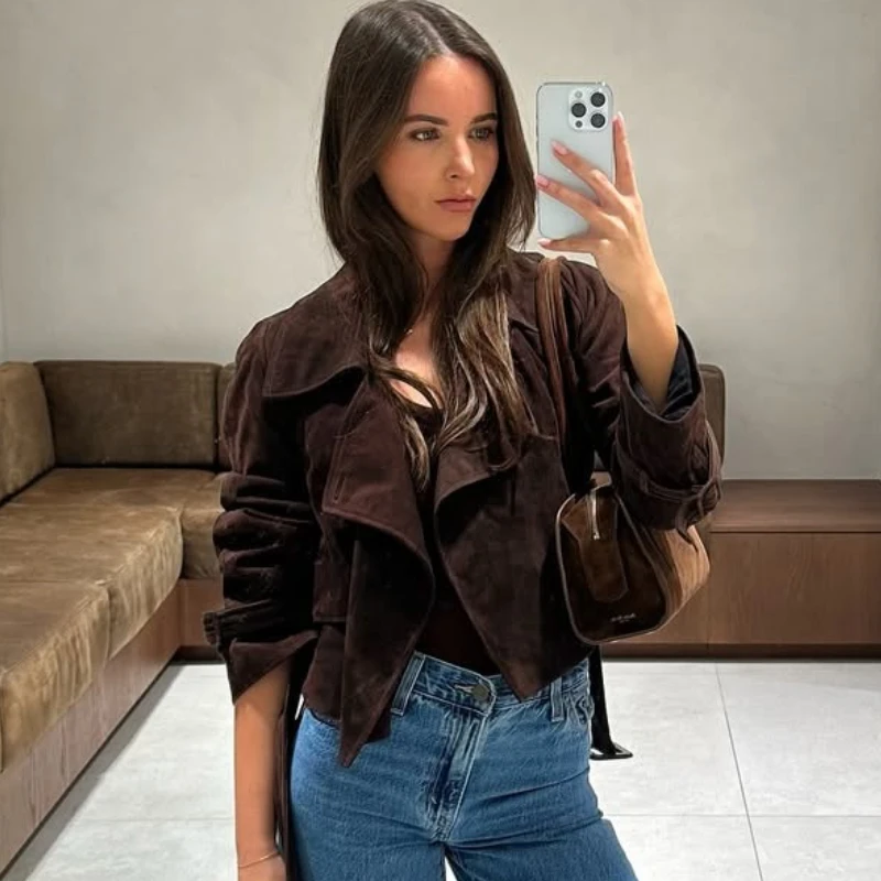 TARUXY Ретро куртка со шнуровкой и лацканами, женская модная однотонная свободная короткая куртка с длинными рукавами, осенняя новая уличная куртка для поездок на работу 
TARUXY Ретро куртка со шнуровкой и лацканами, женская модная однотонная свободная короткая куртка с длинными рукавами, осенняя новая уличная куртка для поездок на работу