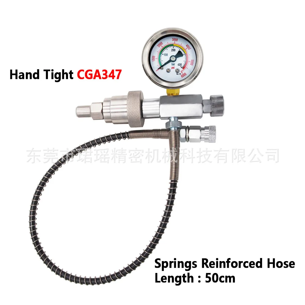 Fire diving CGA347 hand-tight inflatable connector with 50cm full spring tube 400bar pressure gauge
Fire diving CGA347 hand-tight inflatable connector with 50cm full spring tube 400bar pressure gauge