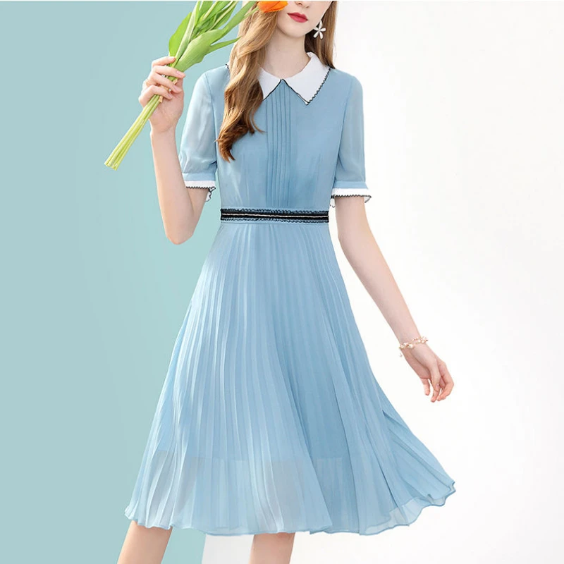 2022 Chiffon Dress Women's Summer New Fashion Chic Slim Mid-Length Over Knee Blue Pleated Short Sleeve Dress Vestido Feminino
2022 Chiffon Dress Women's Summer New Fashion Chic Slim Mid-Length Over Knee Blue Pleated Short Sleeve Dress Vestido Feminino