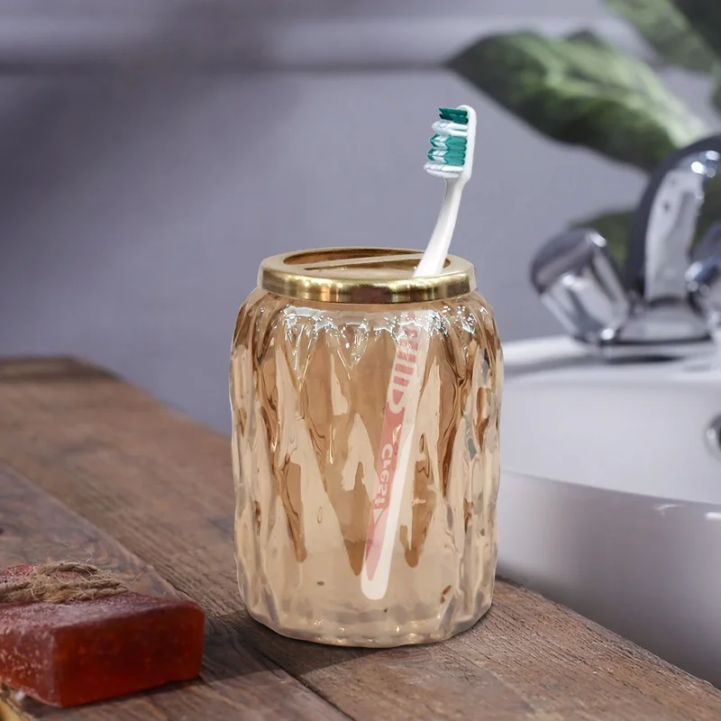 Compact Toothbrush Holder with Multi Slots for Brushes, Razors, and Makeup Tools in Amber Finish
Compact Toothbrush Holder with Multi Slots for Brushes, Razors, and Makeup Tools in Amber Finish