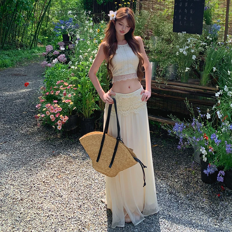 Sweet White Lace Splice Sleeveless Neck Hanging Long Dress Women Summer Vacation High Waist Wide Leg Two Piece Set
Sweet White Lace Splice Sleeveless Neck Hanging Long Dress Women Summer Vacation High Waist Wide Leg Two Piece Set