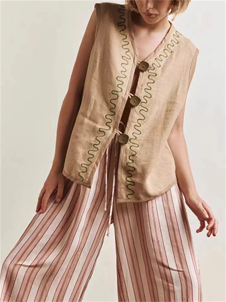 Ladies Sleeveless Single Breasted 100% Linen Shirt Tops Women's Line Embroidery V-Neck Tank Blouse Spring Summer
Ladies Sleeveless Single Breasted 100% Linen Shirt Tops Women's Line Embroidery V-Neck Tank Blouse Spring Summer