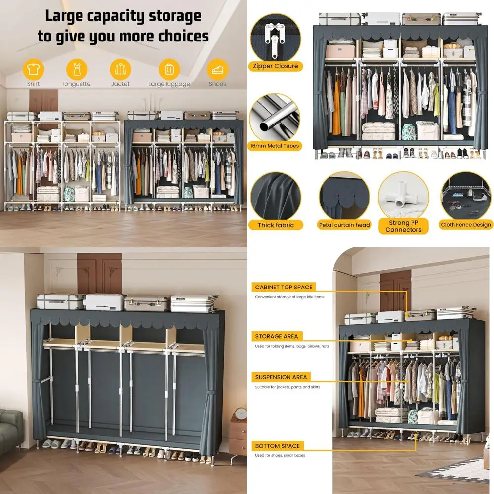 Gray Metal Portable Armoire with 4 Hanging Rods, Lockers, and Dust Cover for Bedroom, 16.7 Wide, 77.5 Tall
Gray Metal Portable Armoire with 4 Hanging Rods, Lockers, and Dust Cover for Bedroom, 16.7 Wide, 77.5 Tall