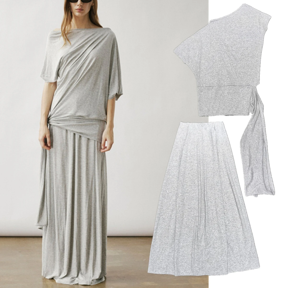 Maxdutti 2026 Fashion Elegant Minimalist Cotton And Linen Blend T-shirt Knitted Skirt High Waisted Skirt Set Gray Two-piece Set
Maxdutti 2026 Fashion Elegant Minimalist Cotton And Linen Blend T-shirt Knitted Skirt High Waisted Skirt Set Gray Two-piece Set
