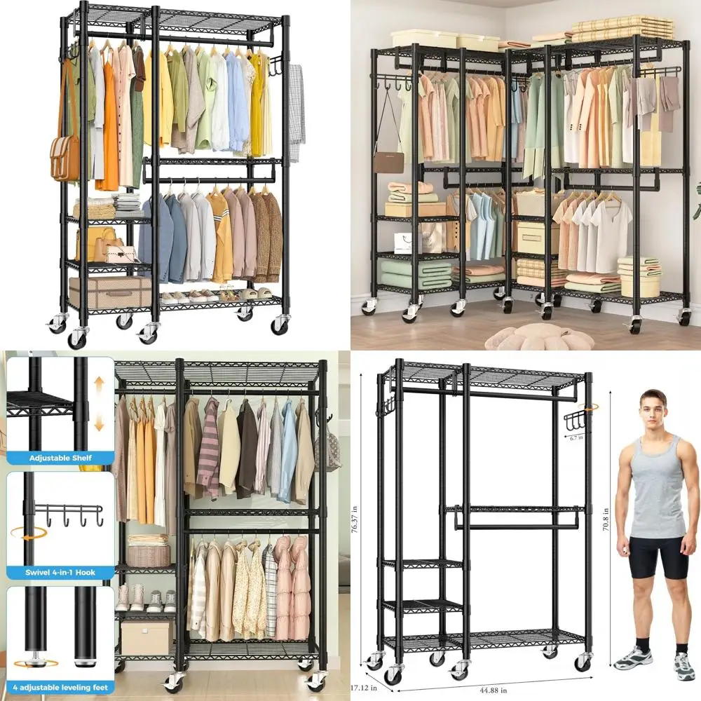 Heavy-Duty 5-Tier Portable Garment Rack with Double Hanging Rods and Side Hooks for Freestanding Wardrobe Storage
Heavy-Duty 5-Tier Portable Garment Rack with Double Hanging Rods and Side Hooks for Freestanding Wardrobe Storage