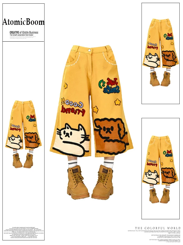 Retro Cartoon Print Yellow Denim Seven-Foot Pants Women Summer Loose BF American Street Personality Design Wide Leg Shorts
Retro Cartoon Print Yellow Denim Seven-Foot Pants Women Summer Loose BF American Street Personality Design Wide Leg Shorts