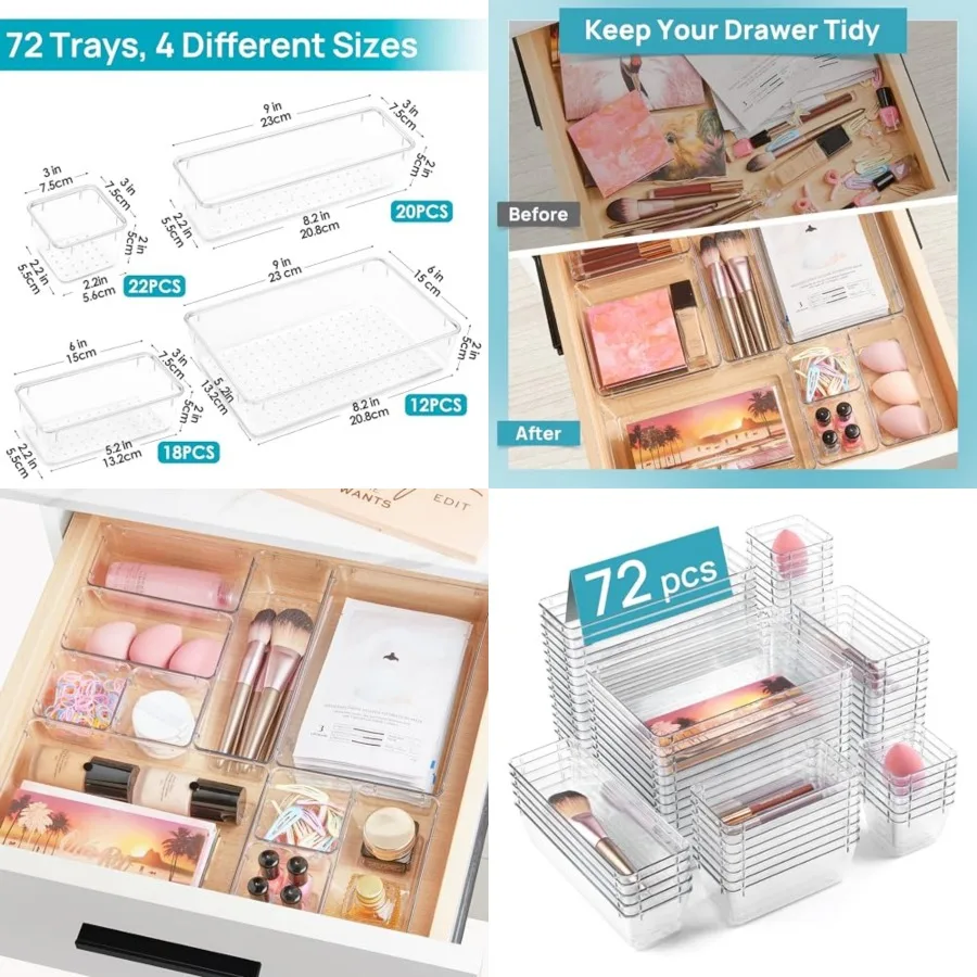 72 PCS Clear Plastic Drawer Organizers Set, 4-Size Versatile Bathroom and Vanity Organizer Trays, Non-Slip Storage Containers f
72 PCS Clear Plastic Drawer Organizers Set, 4-Size Versatile Bathroom and Vanity Organizer Trays, Non-Slip Storage Containers f