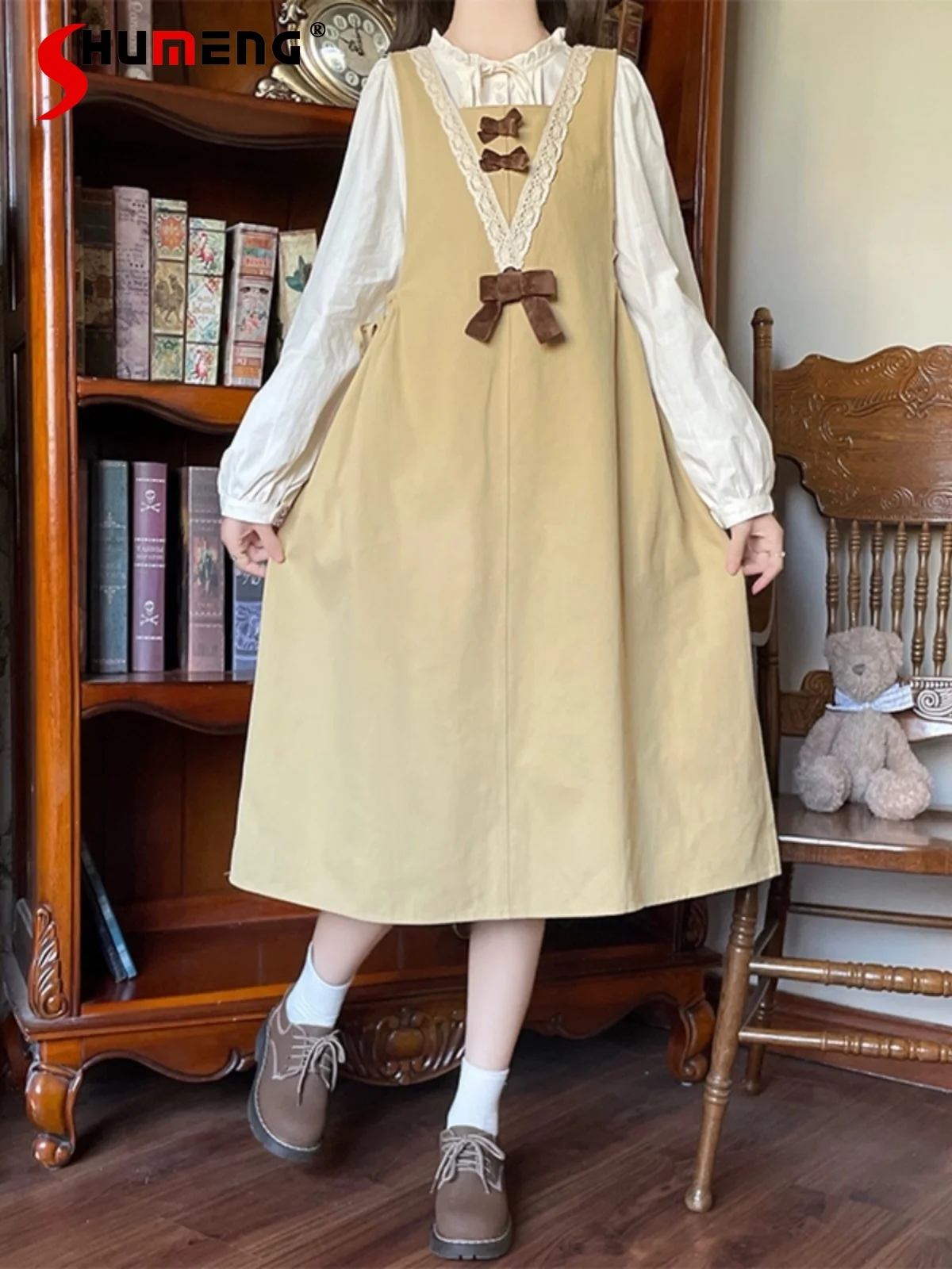Japanese Mori Style Cute Sweet Lace-up Bow Stand Neck Long Sleeve Shirt High Waist A-line Vest Long Dress 2 Piece Set for Women
Japanese Mori Style Cute Sweet Lace-up Bow Stand Neck Long Sleeve Shirt High Waist A-line Vest Long Dress 2 Piece Set for Women