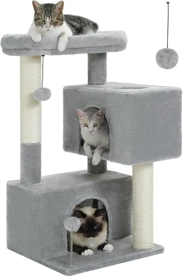 32" Cat Tree Tower for Indoor Cats - 2 Cozy Condos, Multi-Level Cat Scratching Posts with Sisal, Soft Padded Perch, 2 Dangling T
32" Cat Tree Tower for Indoor Cats - 2 Cozy Condos, Multi-Level Cat Scratching Posts with Sisal, Soft Padded Perch, 2 Dangling T