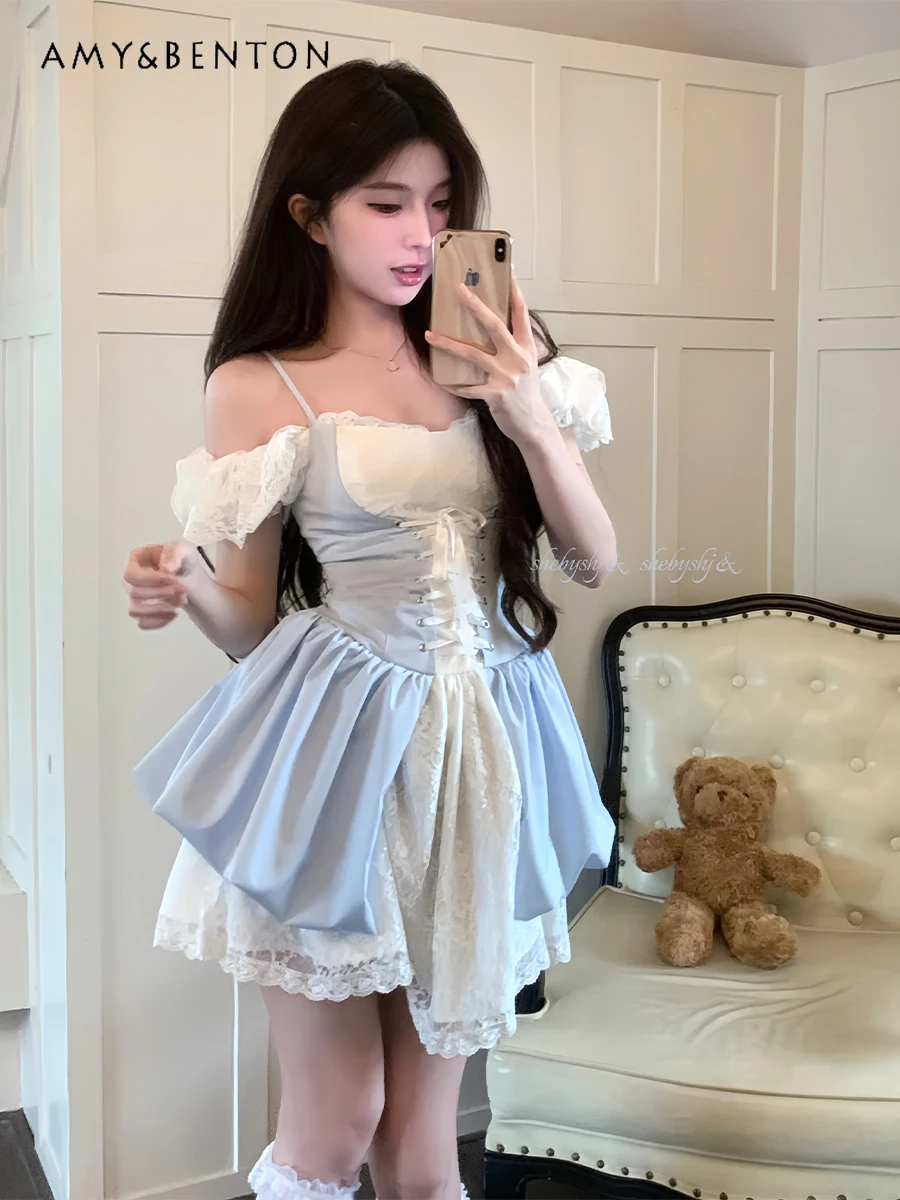 Graceful Blue Off-Shoulder Princess Dress for Women Refined Handmade Lace Sleeveless Slim Mini Dress Summer Sweet Lolita Dress
Graceful Blue Off-Shoulder Princess Dress for Women Refined Handmade Lace Sleeveless Slim Mini Dress Summer Sweet Lolita Dress