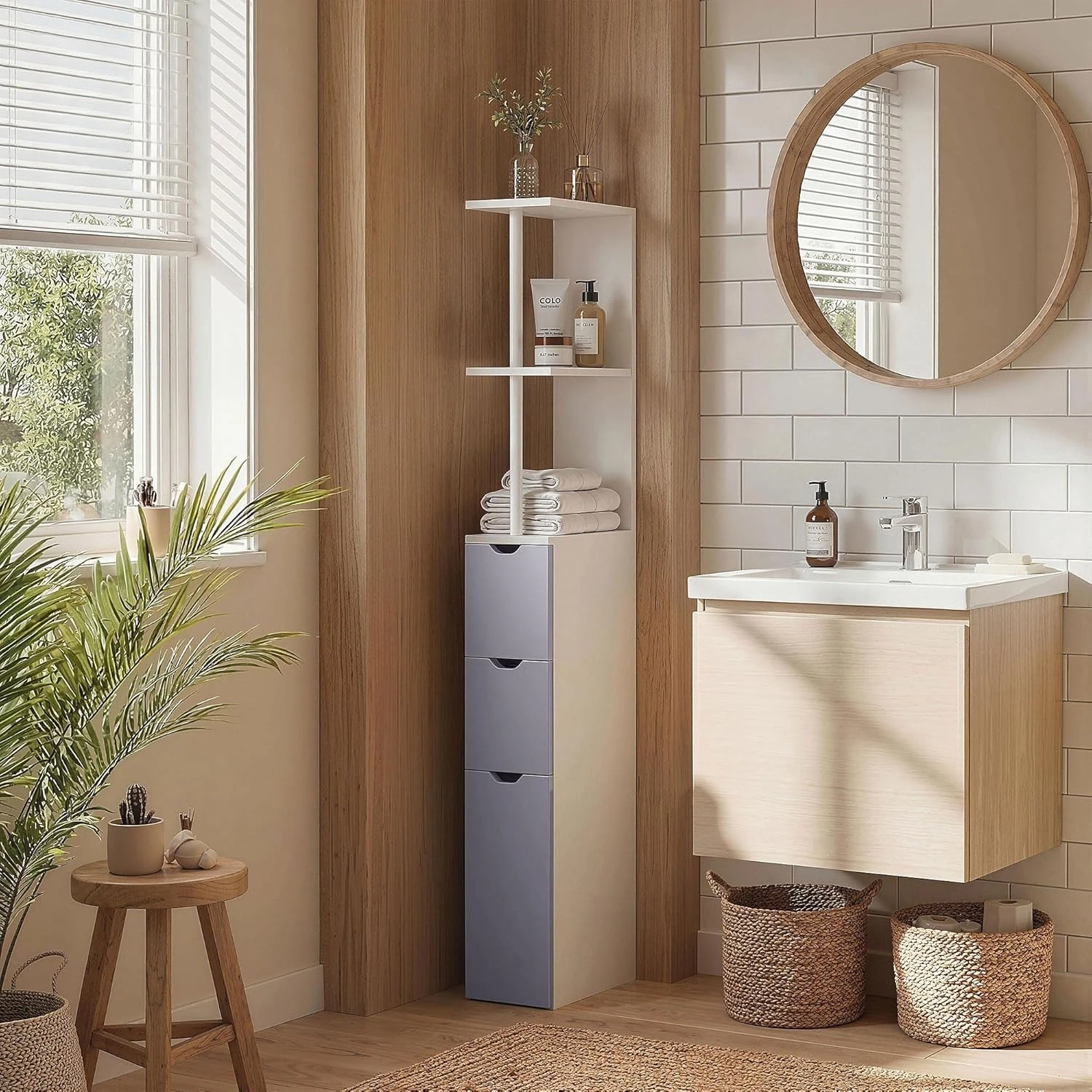 54" Tall Bathroom Storage Cabinet, reestanding Linen Tower with 2-Tier Shel and Ders, Narrow Side loor Organizer, White
54" Tall Bathroom Storage Cabinet, reestanding Linen Tower with 2-Tier Shel and Ders, Narrow Side loor Organizer, White